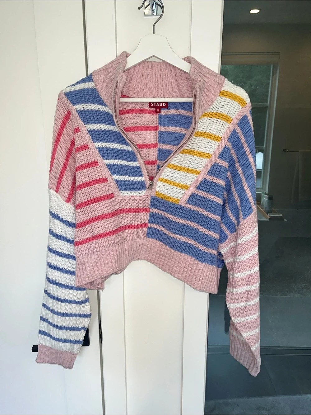 STAUD Hampton Cropped Striped Half-Zip Turtleneck Sweater
